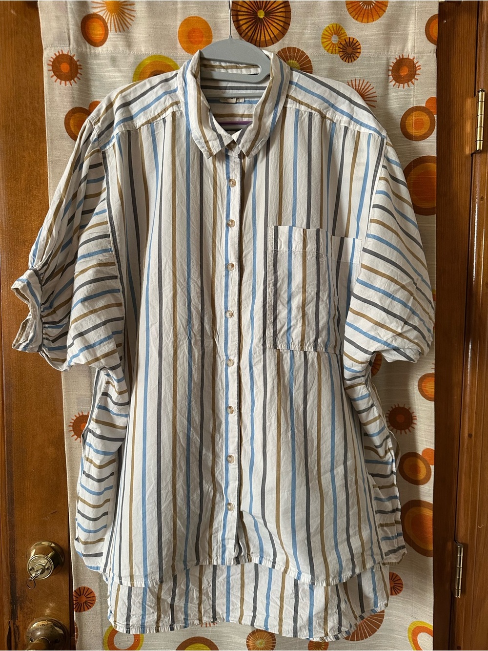 Pilcro White Button-Up Blouse with Blue & Brown Stripes